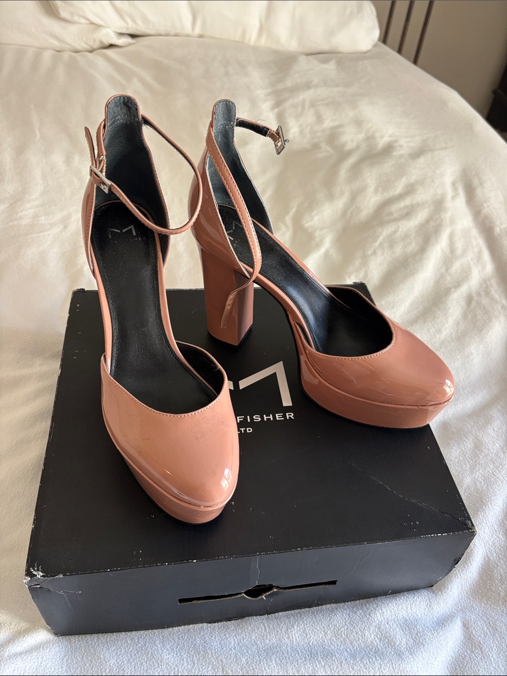 Marc Fisher Blush Patent Platform Ankle-Strap Pumps